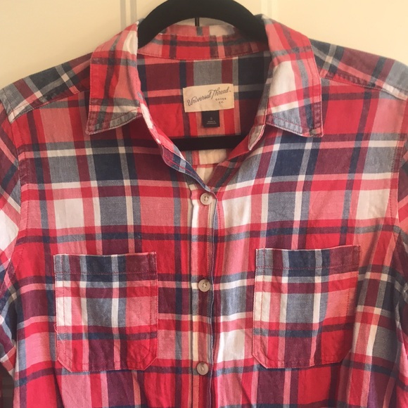 🩶5/$30 Universal Thread by Target Red White & Blue Plaid Button Down Size Small - Picture 6 of 8
